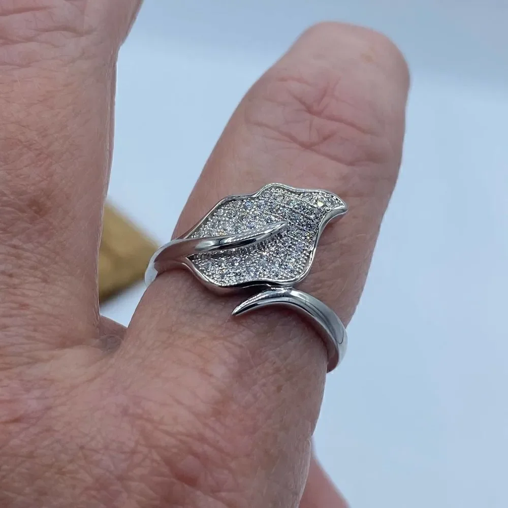 Micro Pave Cz Diamond Leaf Sterling Silver Ring Size 11